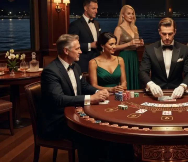 VIP casino-tematikus este blackjack asztalokkal és elegáns vendégekkel