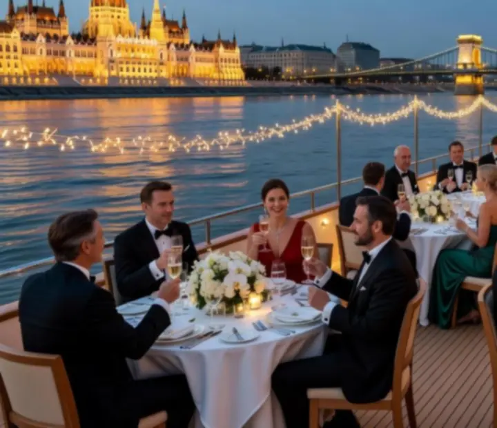 Esti dunai jachtos gálavacsora, elegáns terítéssel és megvilágított Budapest panorámával