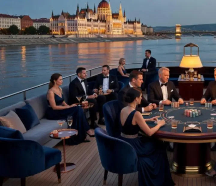 Elegáns esti Duna gála blackjack asztallal, hangulatos fényekkel és koktél lounge terasszal