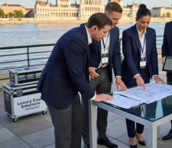 Budapesti rendezvénylogisztikai csapat a Duna-parton, kommunikációs eszközökkel koordinálva