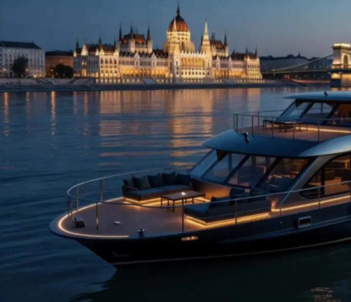 Kivilágított, modern rendezvényhajó a budapesti Duna szakaszán