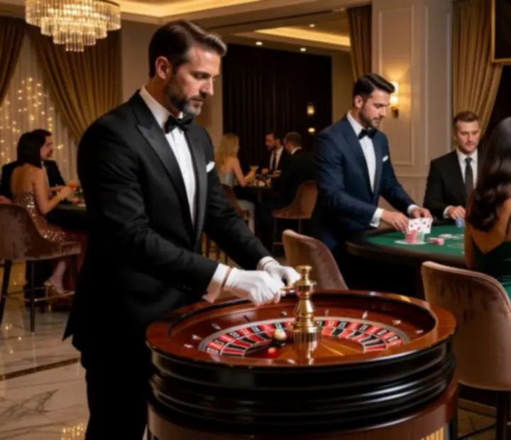 Vállalati mobil kaszinó esemény, rulett- és blackjack asztalokkal és elegáns vendégekkel