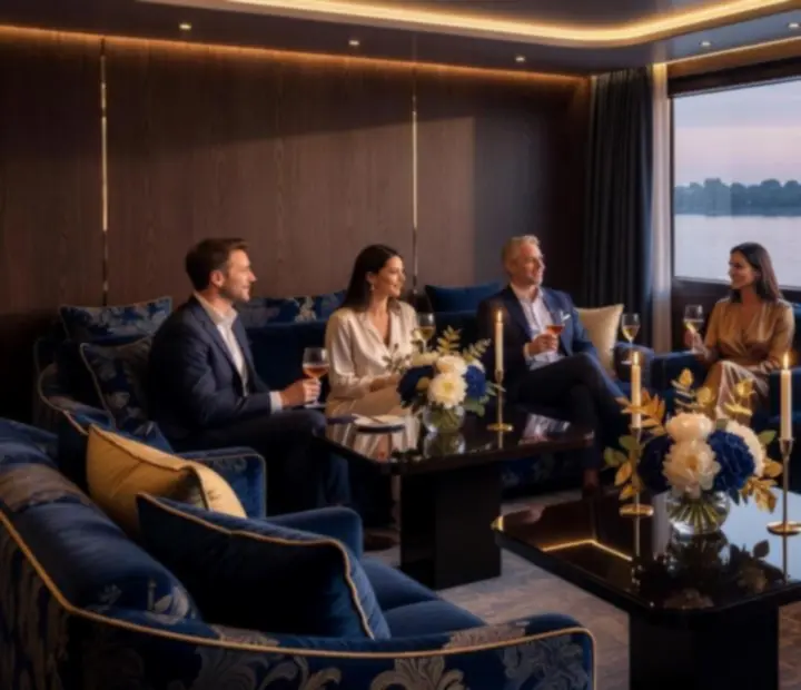 Privát yacht charter lounge, panorámás ablakokkal és hangulatos világítással